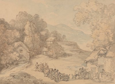 Een dorp in een heuvelachtig landschap door Thomas Rowlandson